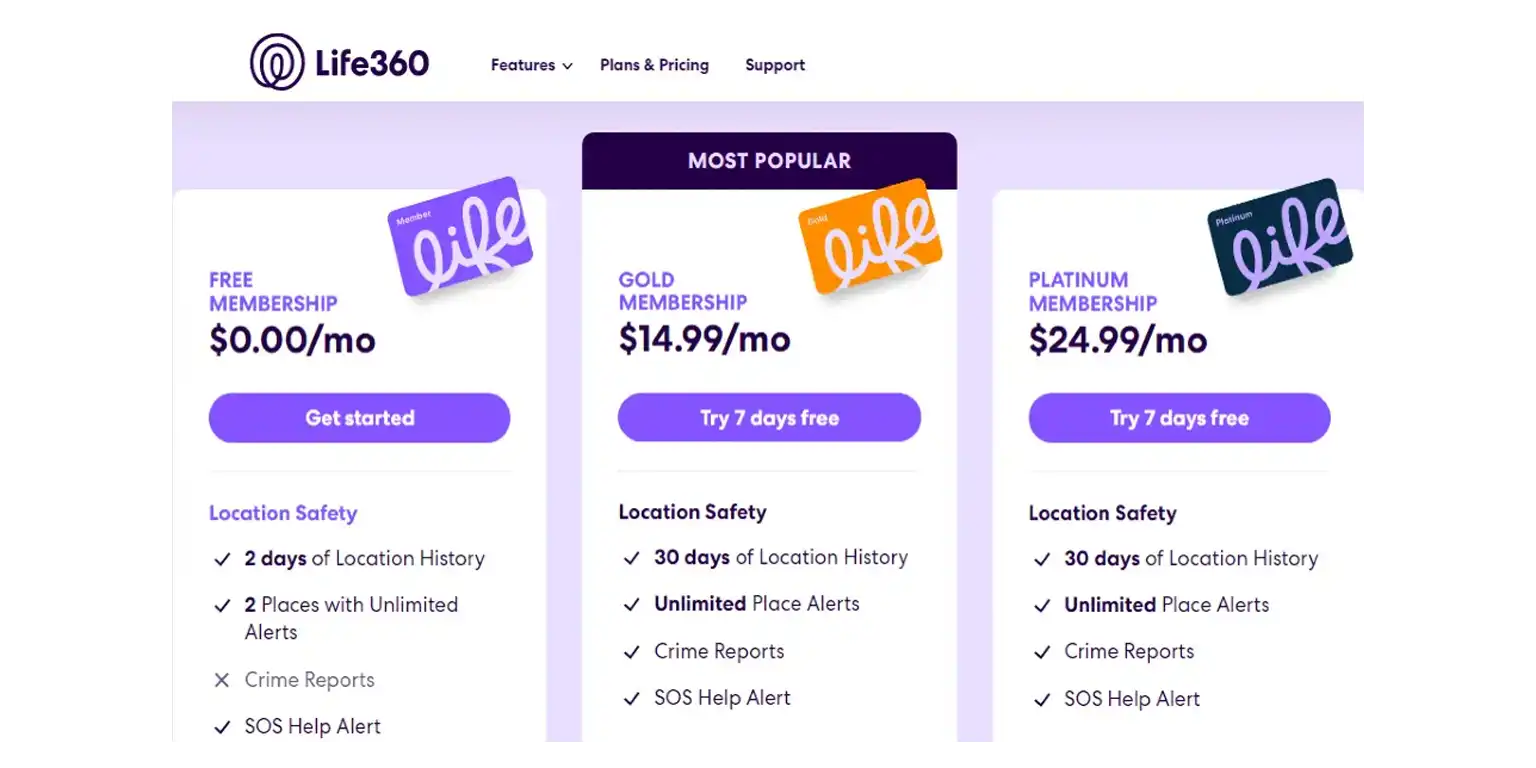 screenshot of Life 360 subscription plans