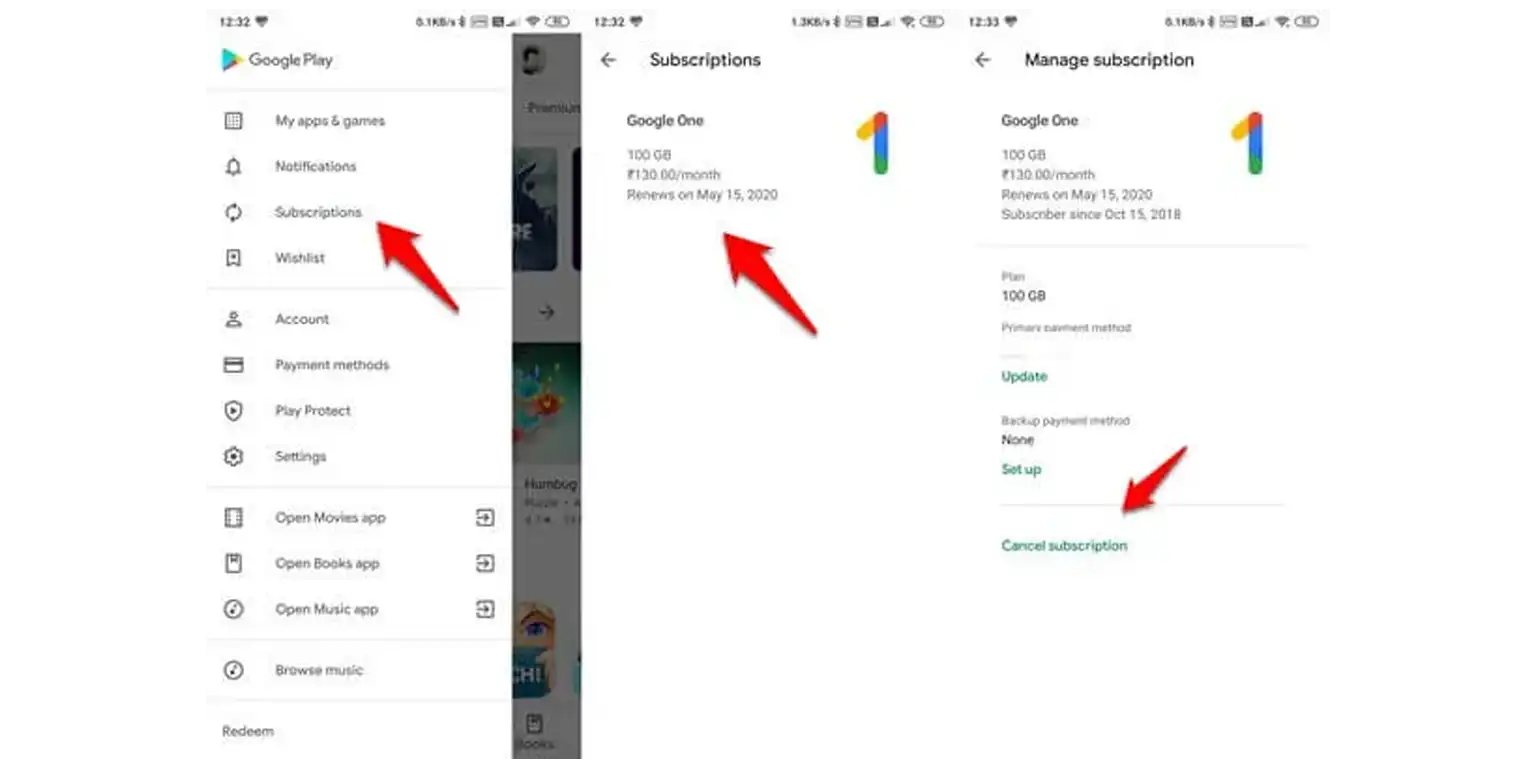 screenshot of subscriptions menu on the Google play store