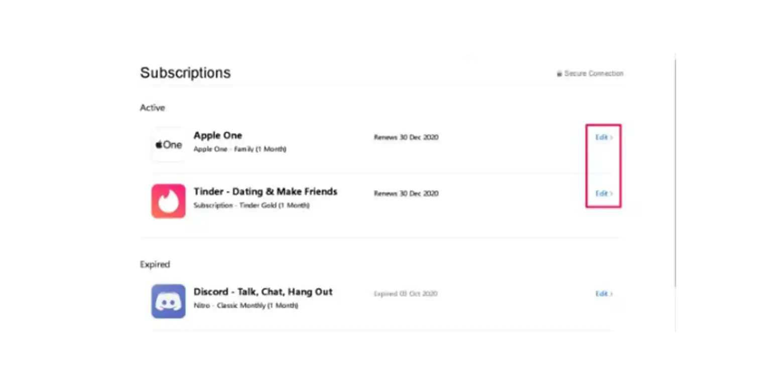 screenshot of subscriptions menu on the apple app store