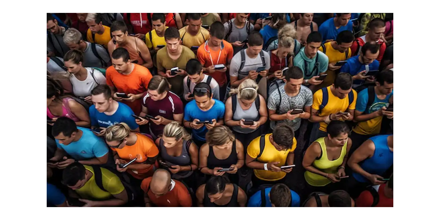 a man with a hood on his head tries to sneak through a crowd of people with phones