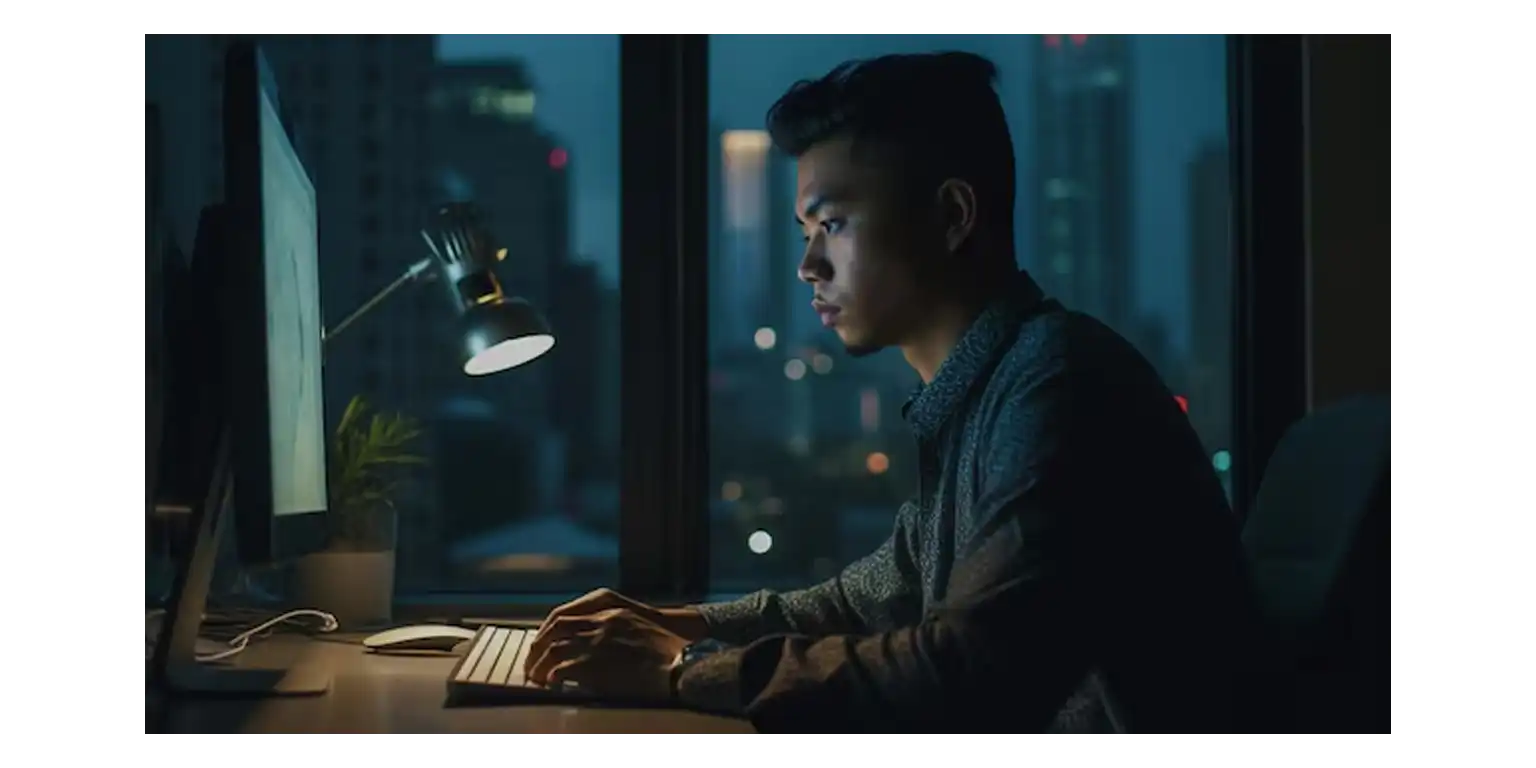 A man is sitting at a table and typing on a keyboard