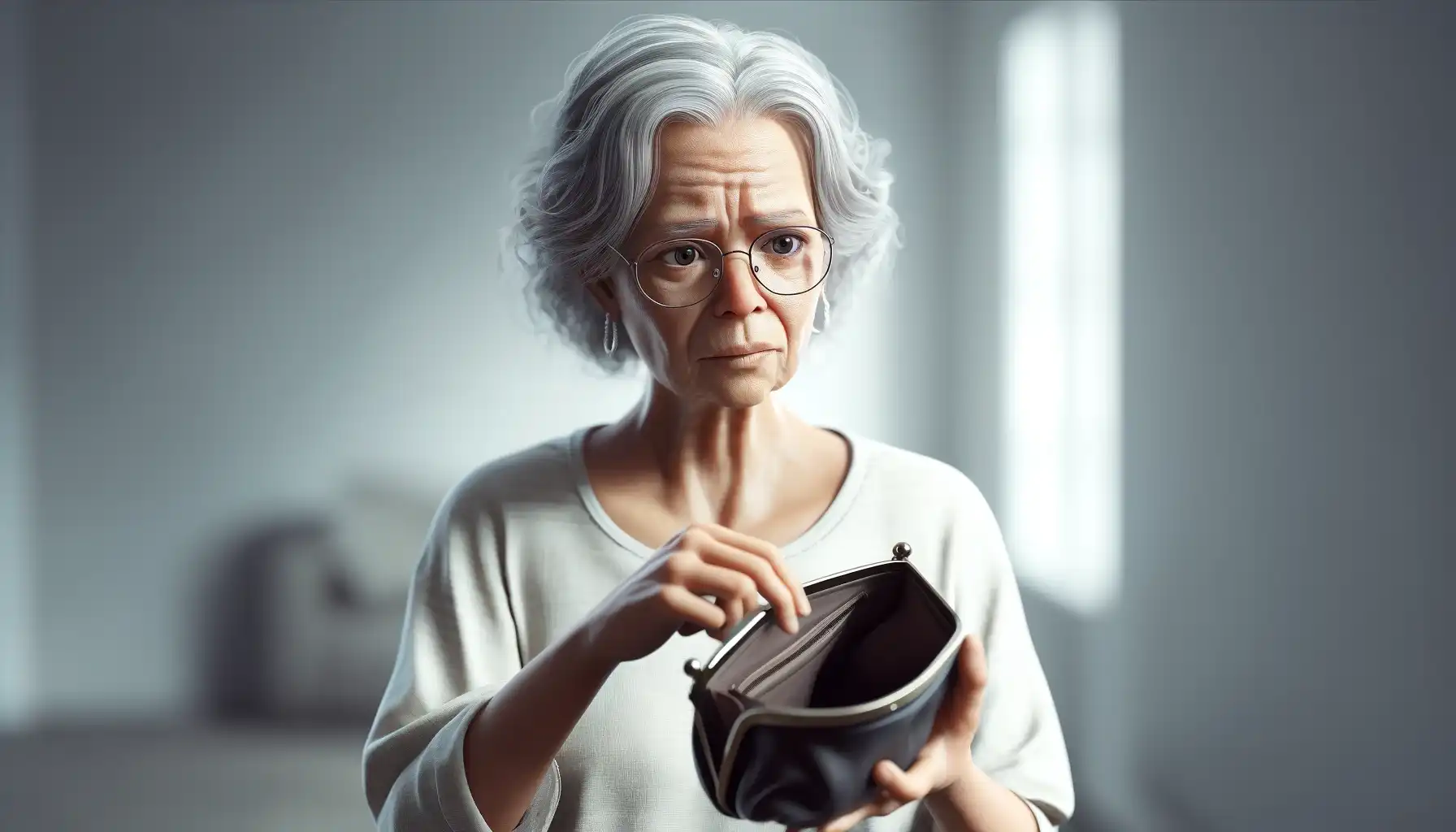 An elderly woman looks puzzled into her purse, which has nothing in it.