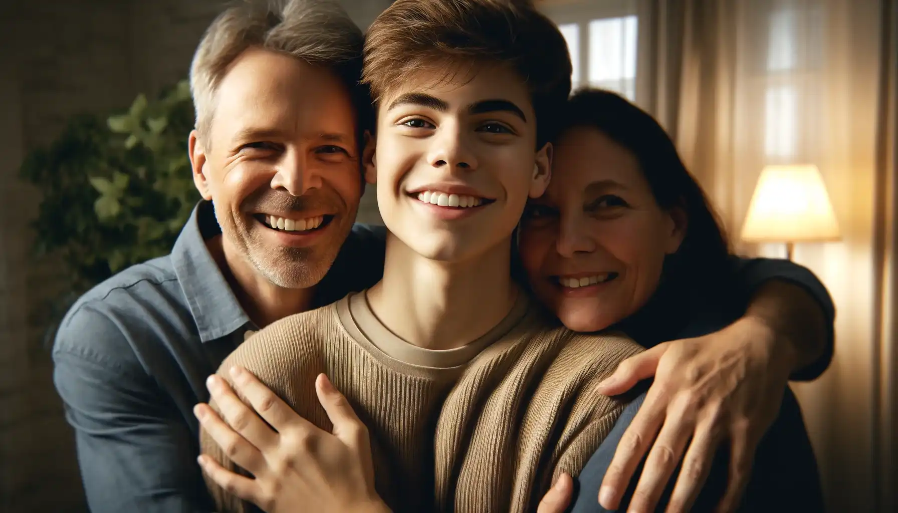 A happy smiling male teenager hugs his parents.