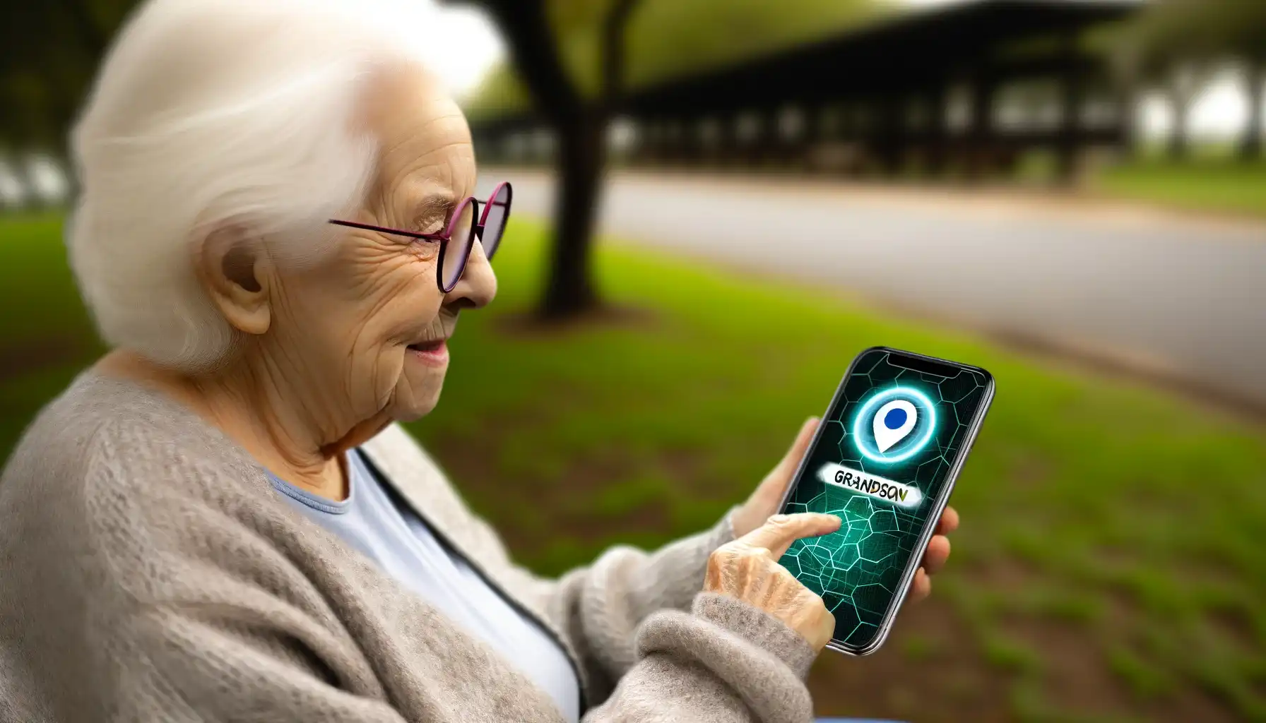 An elderly lady looks at the interactive map on the phone screen, on which the icon "grandson" is marked.