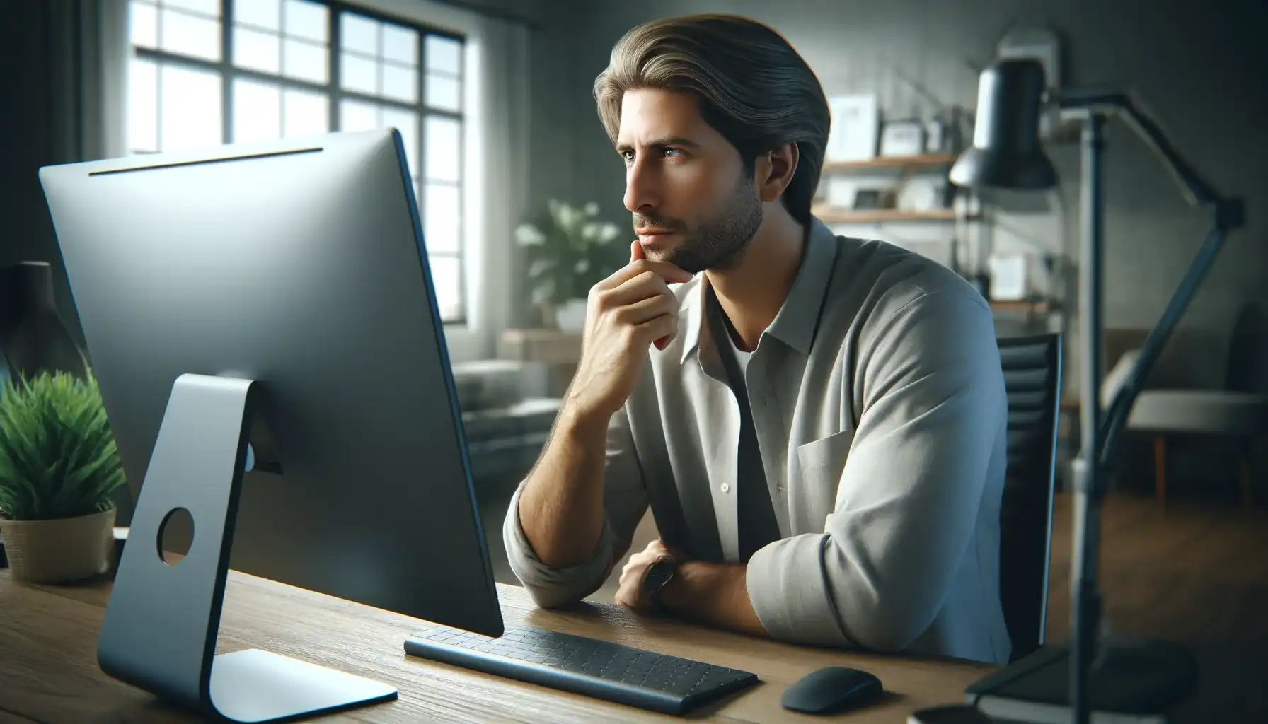 A focused adult looks thoughtfully at the computer screen