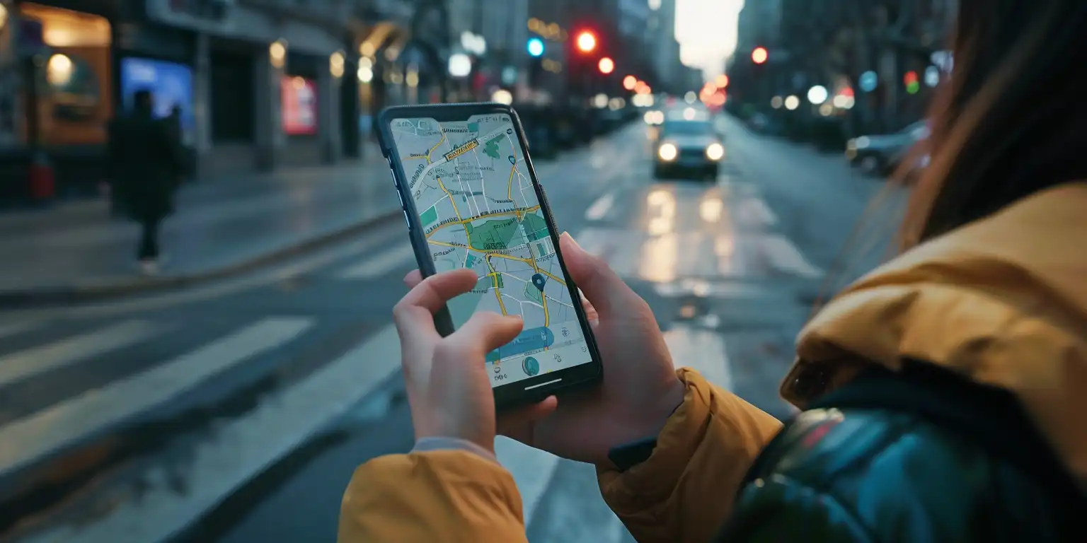 someone holding a smartphone with a location sharing app on the screen