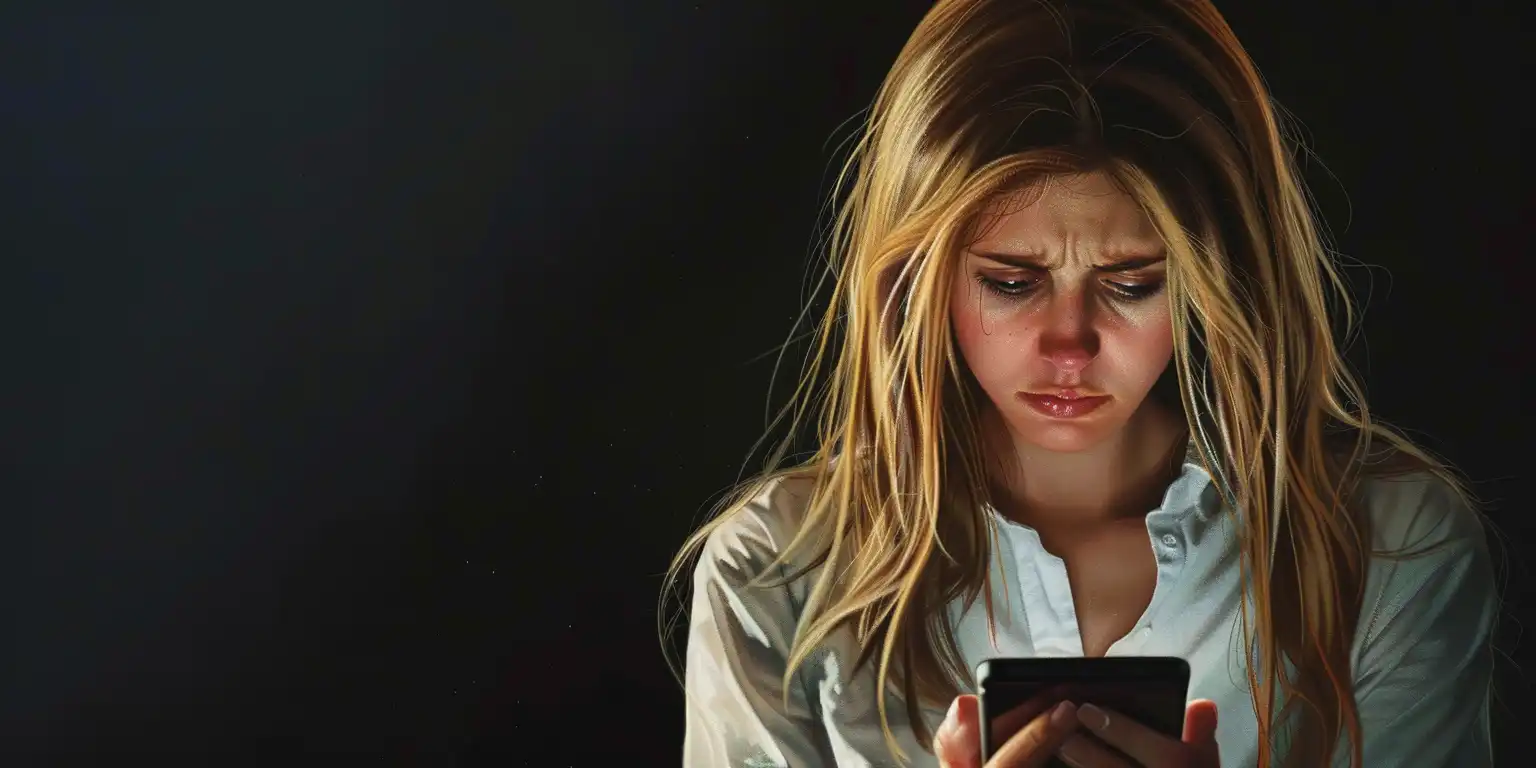 a sad woman holding her smartphone