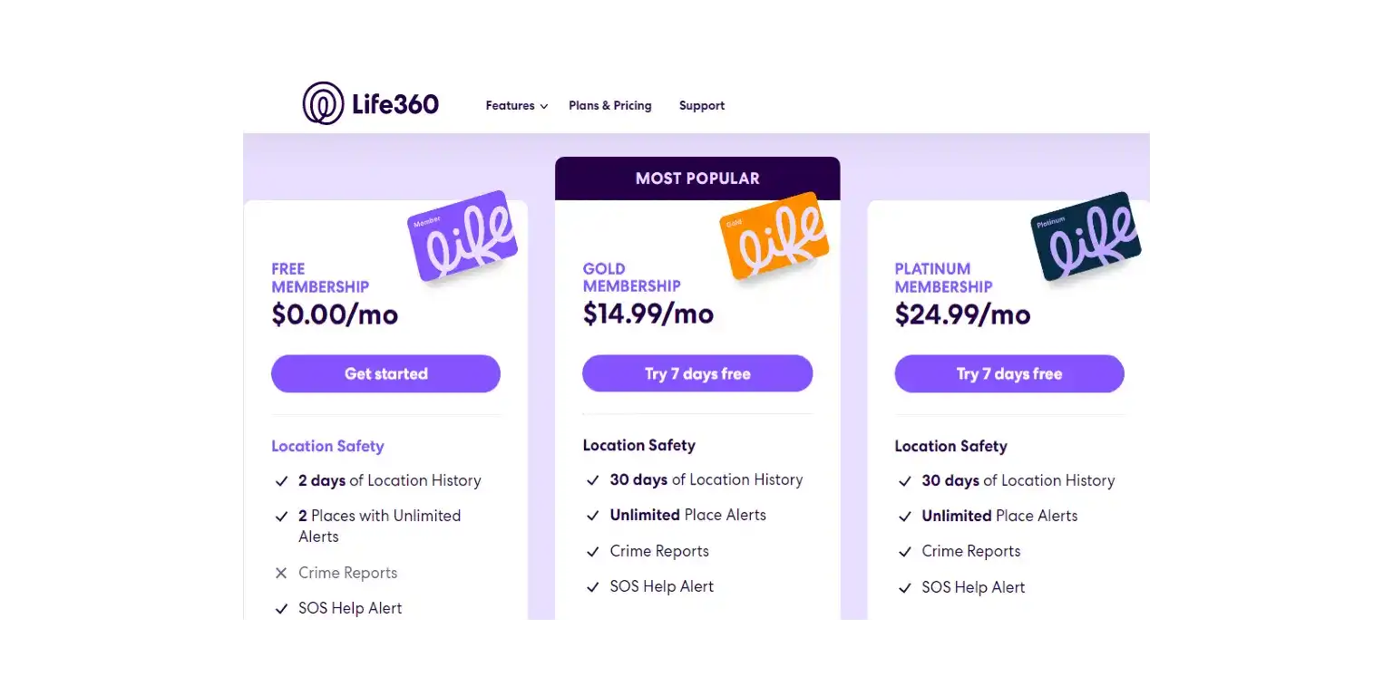 screenshot of Life360 Subscription plans