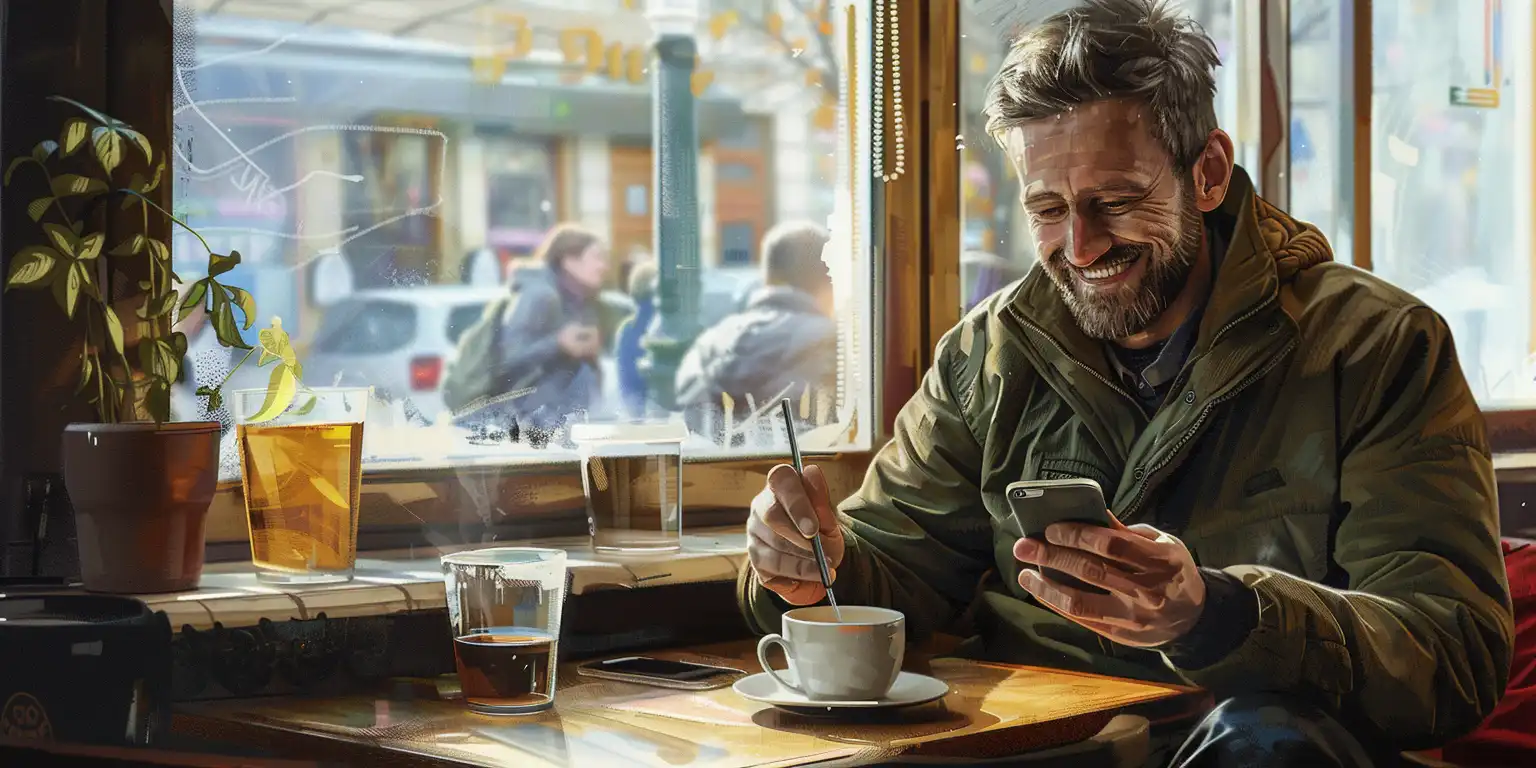 a smiling man uses his smartphone and is relaxed