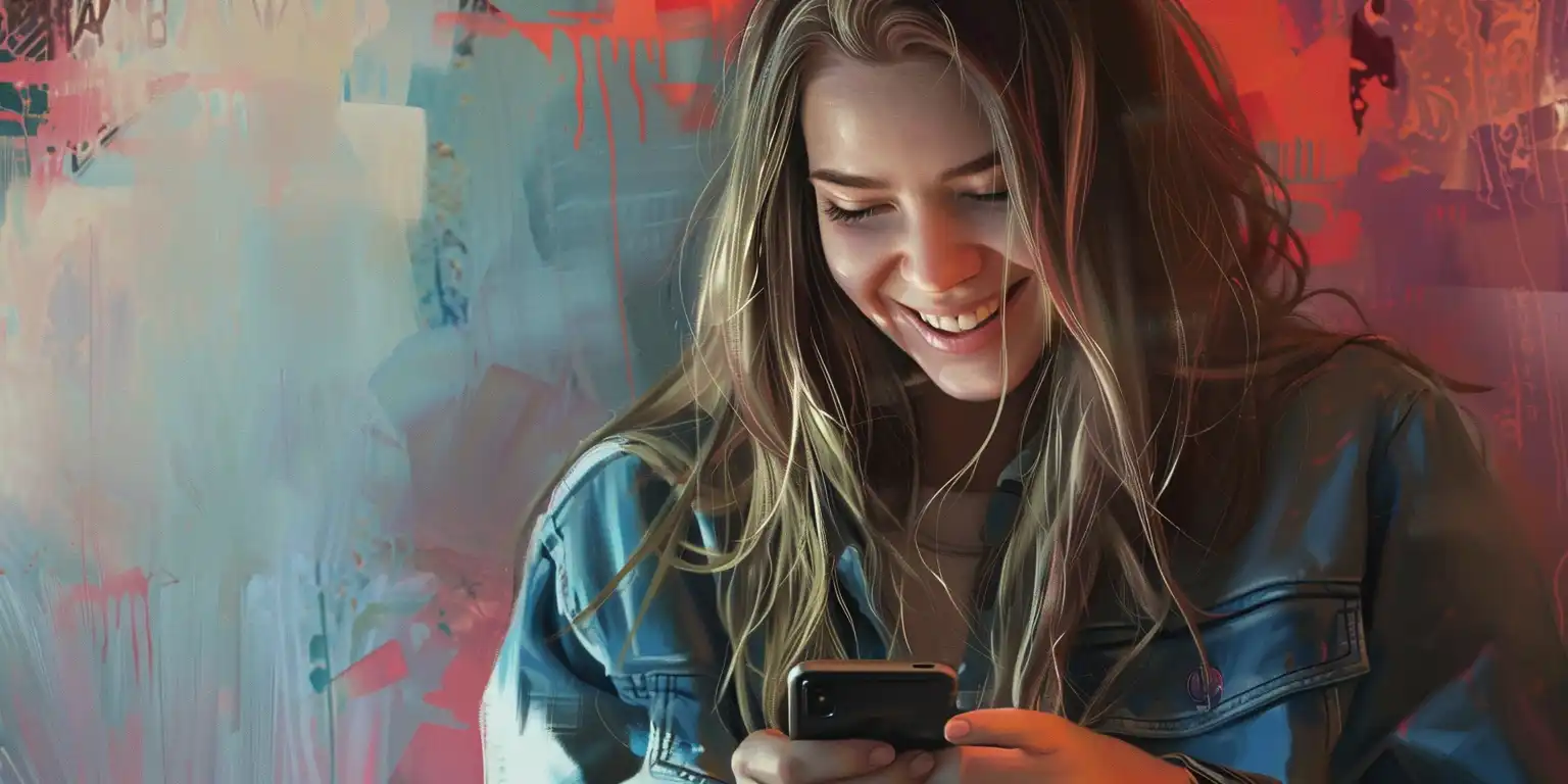 woman smiling and using her smartphone