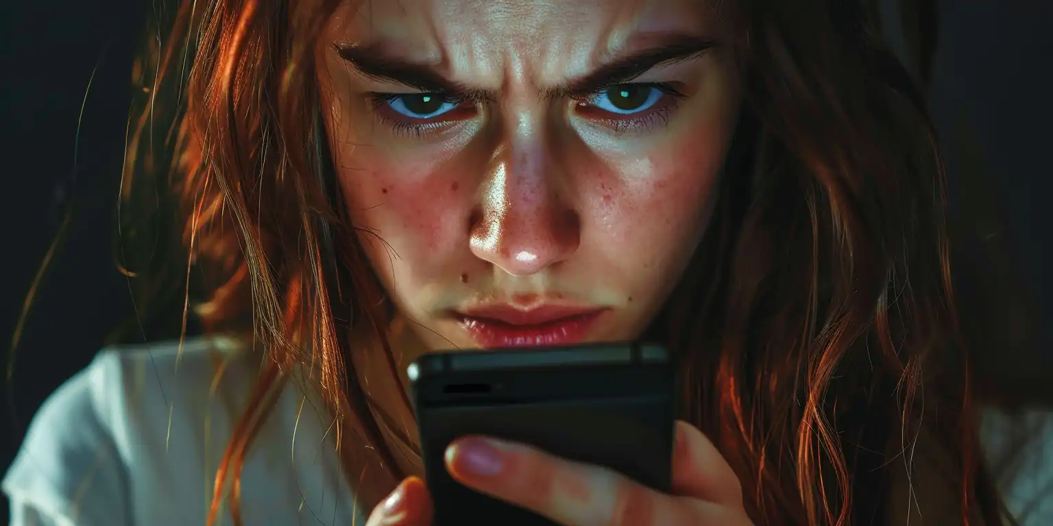 irritated female user looking in her smartphone's screen