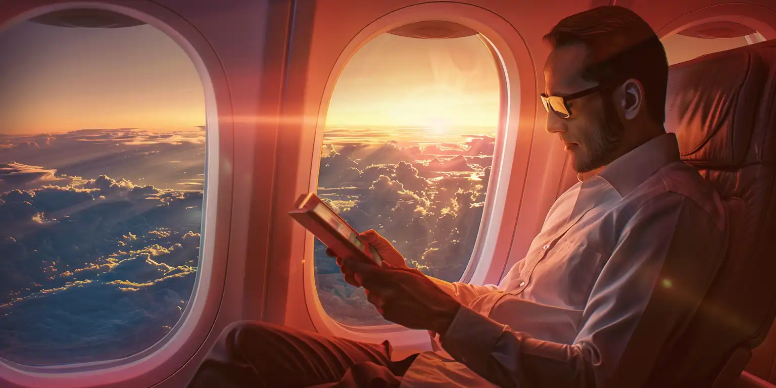 a man sitting in a plane and using a mobile phone