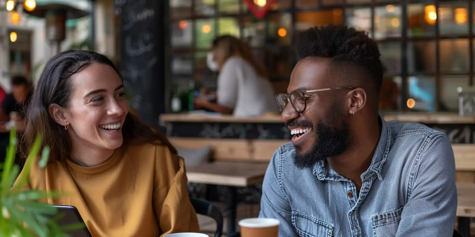 a man and a woman smiling and talking to each other while their smartphones are on the table near them