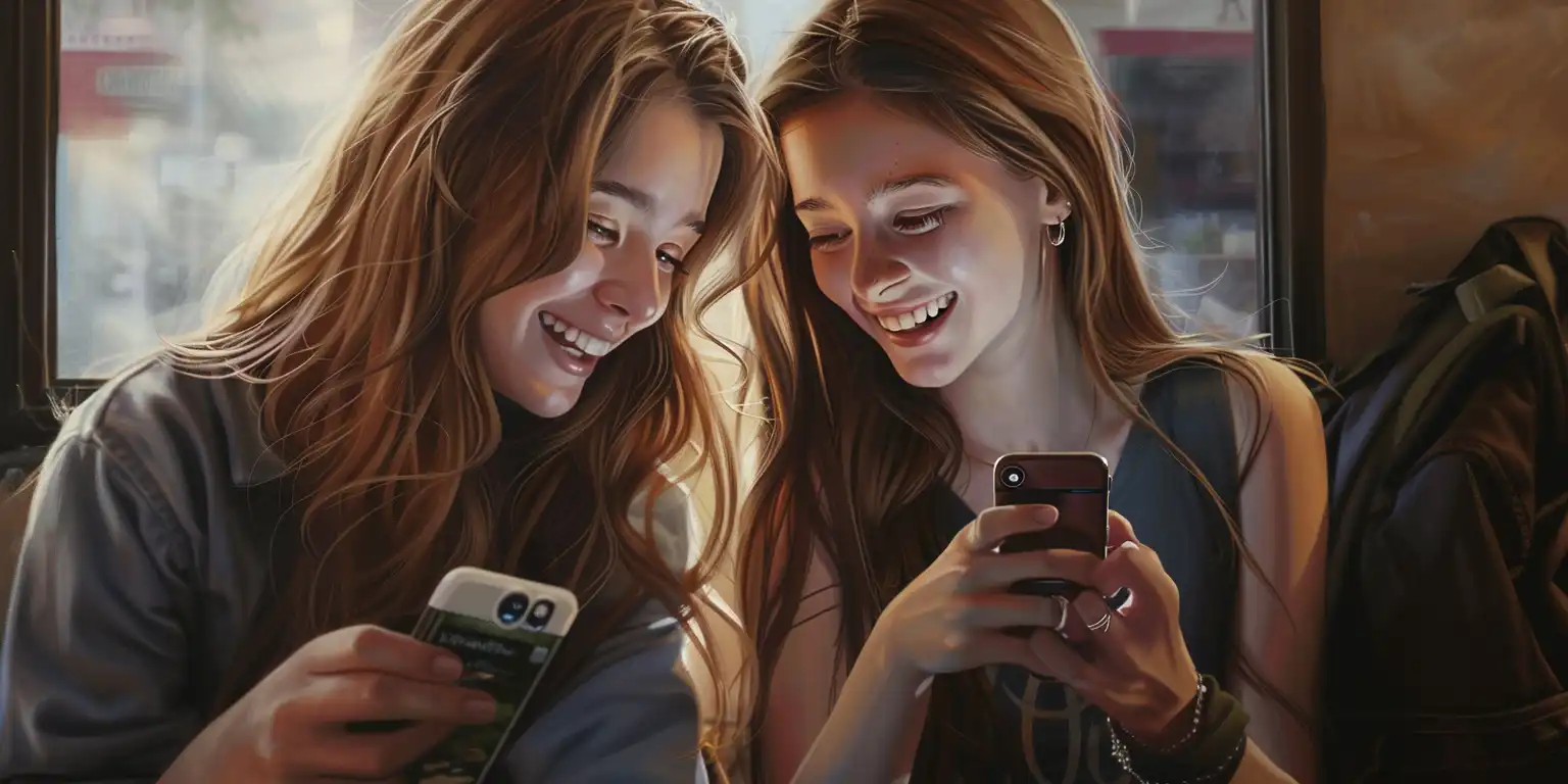 Two happy girls show each other something on their phone screens