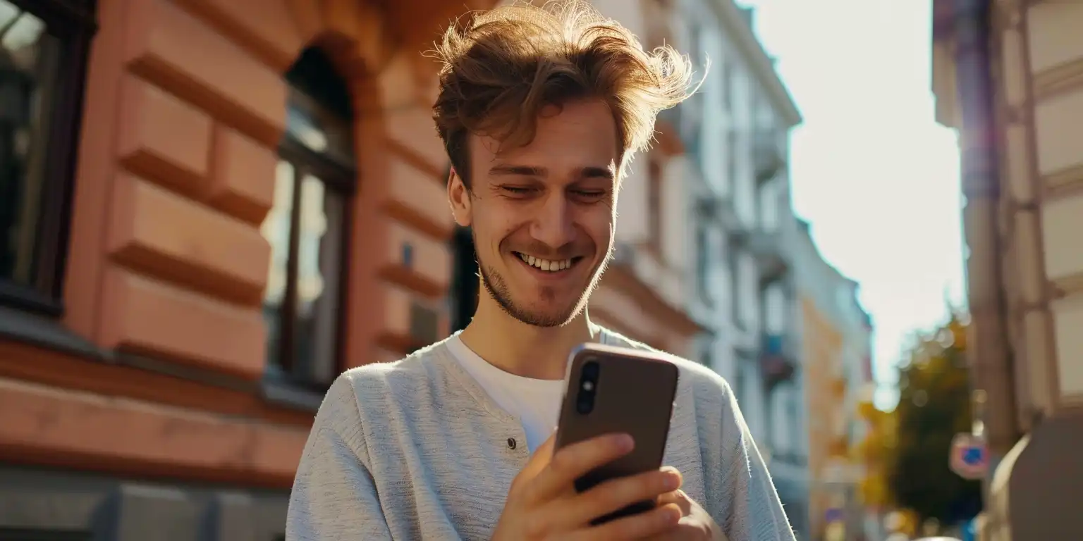 A satisfied user looks at the phone smiling