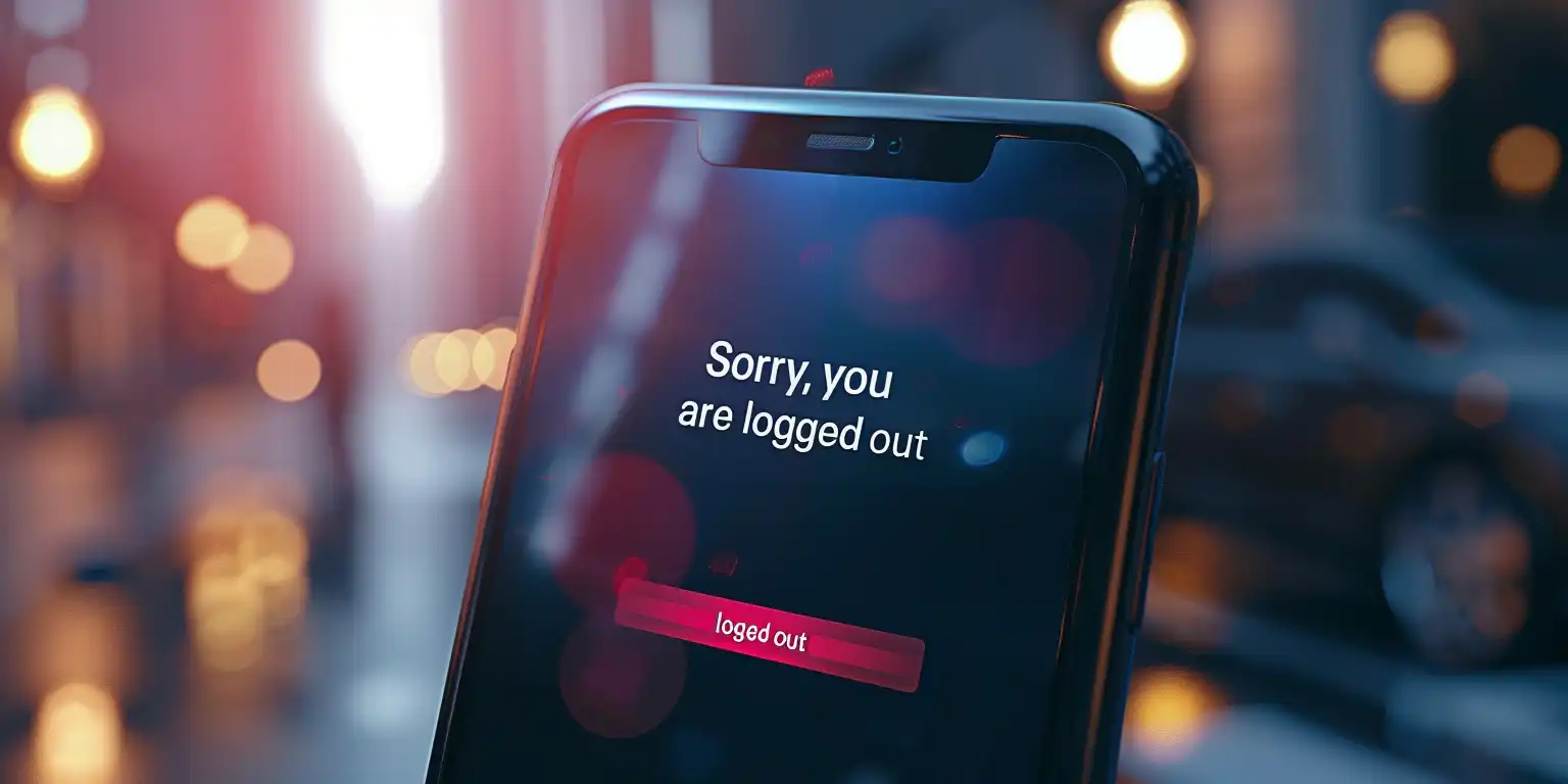 a close-up of the phone screen which displays: sorry, you are logged out