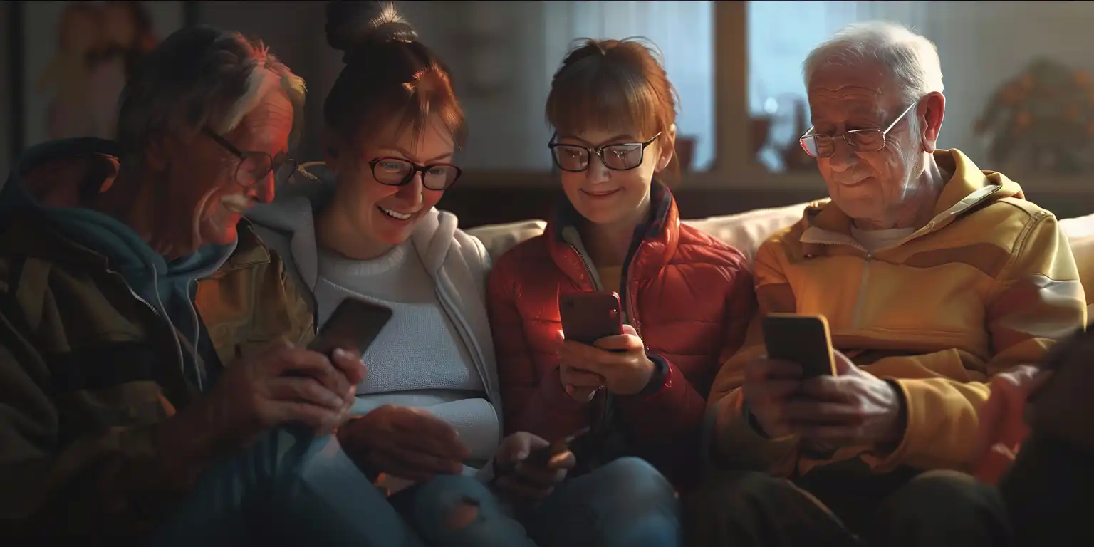 family members are sitting together with phones in their hands and smiling at each other