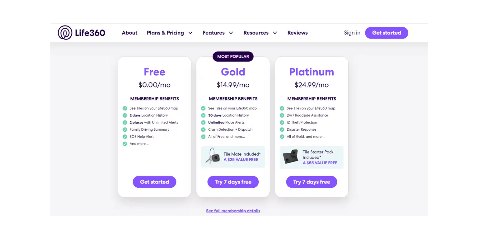 screenshot of Life360 subscription plans