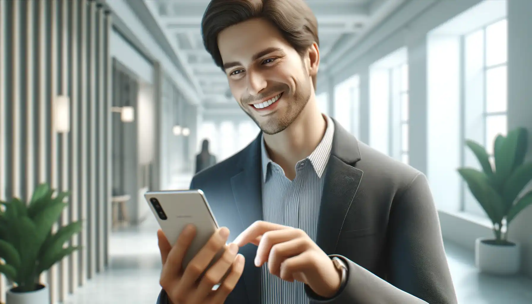 smiling user using a smartphone