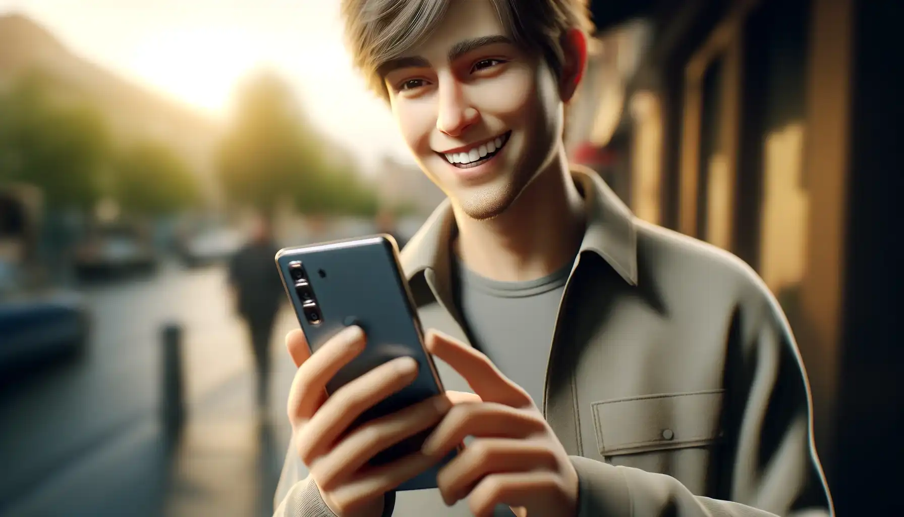 smiling user with smartphone in hands