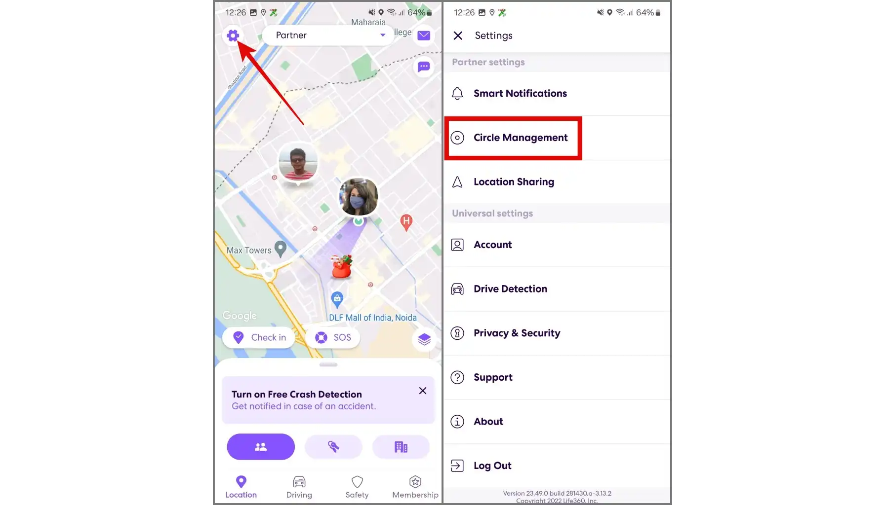 screenshot of the Life 360 application with 'Circle Management' section