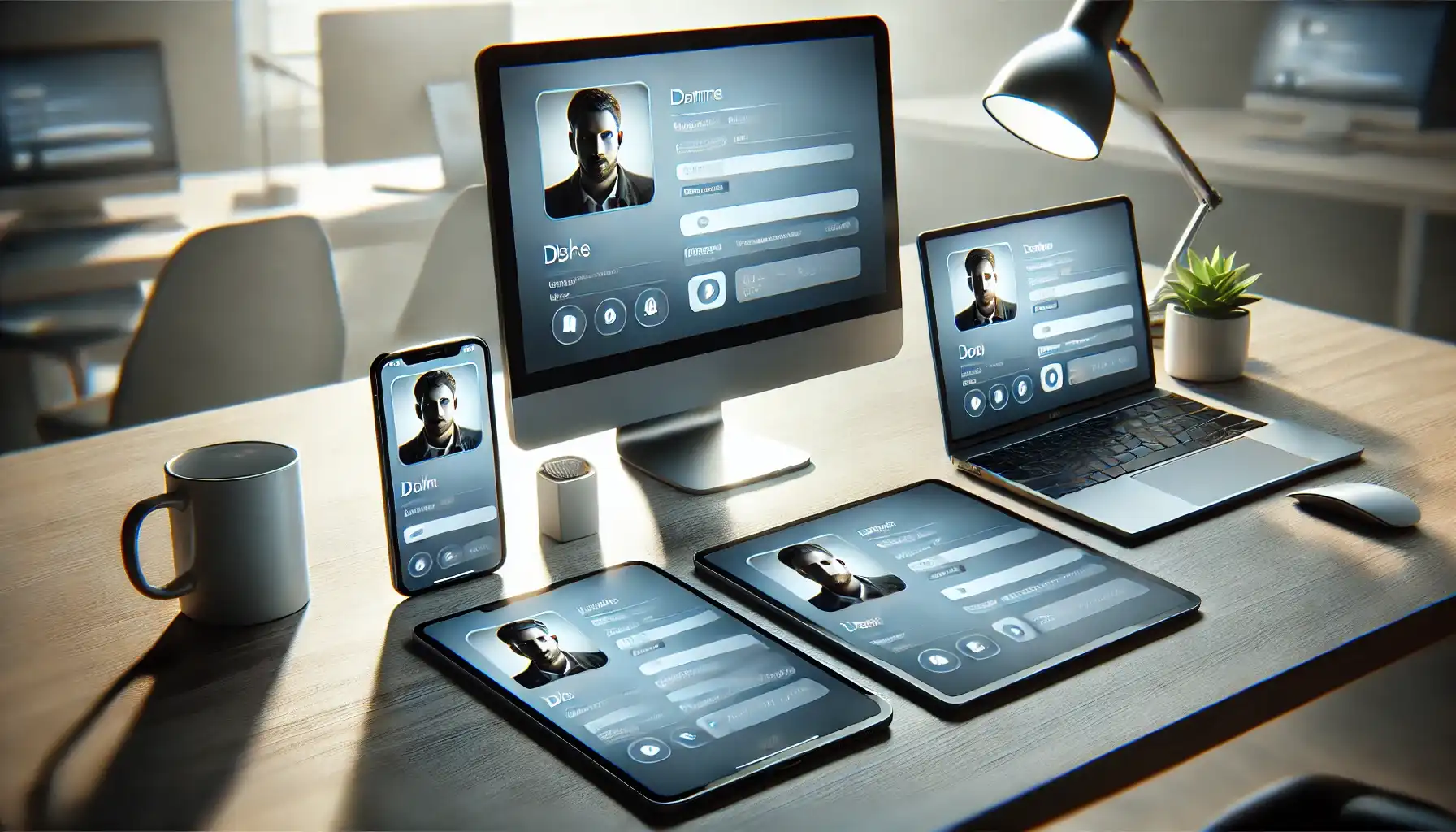 Several smart devices: a phone, a computer and a tablet are on the table. The same user profile is displayed on all devices.