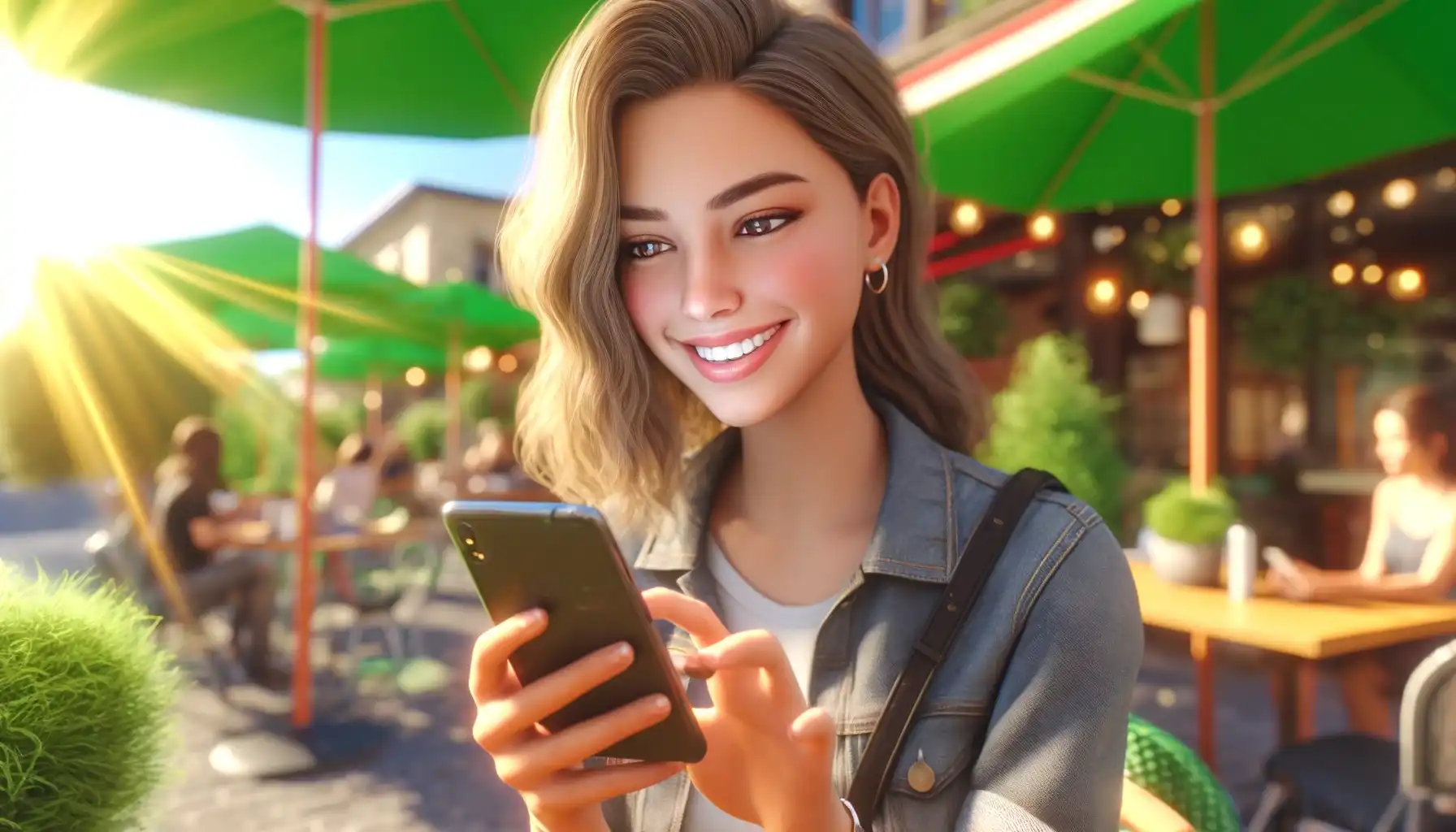 smiling girl looking in her phone's screen